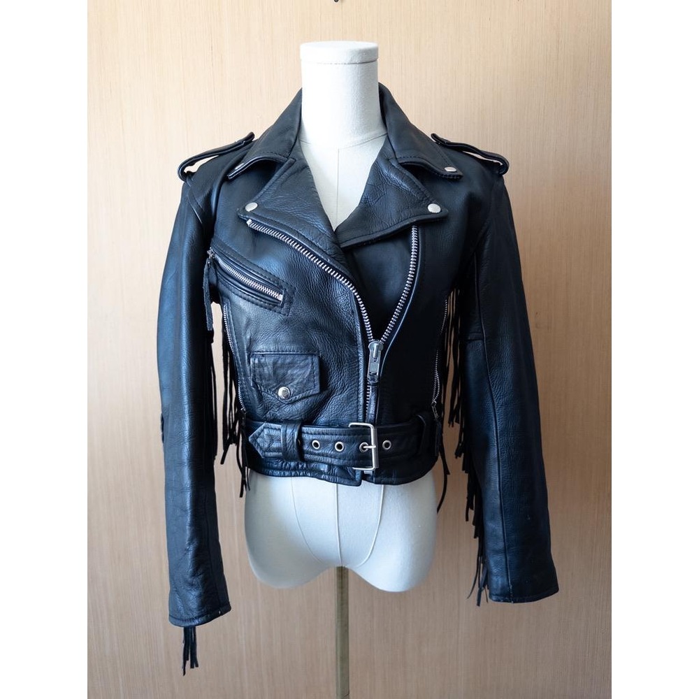UNIK Black Leather Motorcycle Jacket with Fringe Western Biker Style
